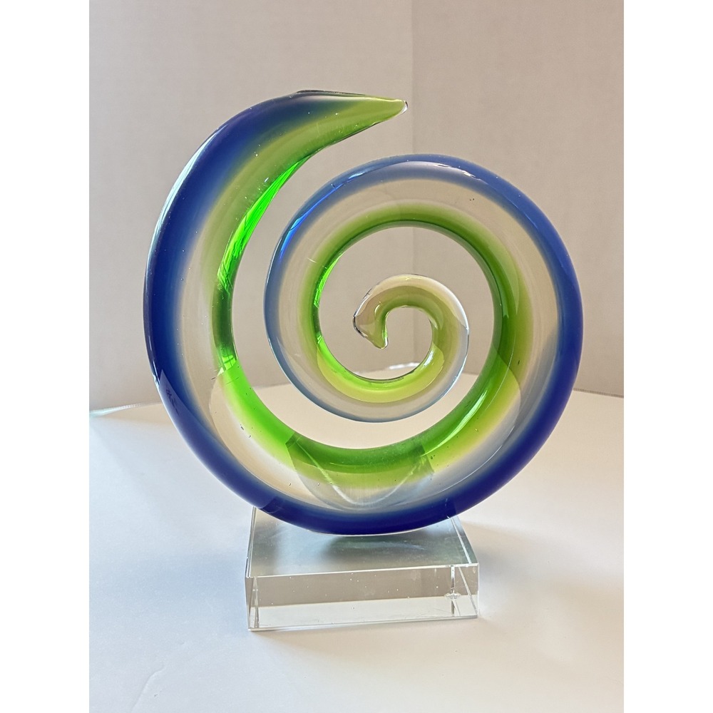 Blue Green Spiral Art Glass Sculpture Swirl Clear Base Decor 8 inch